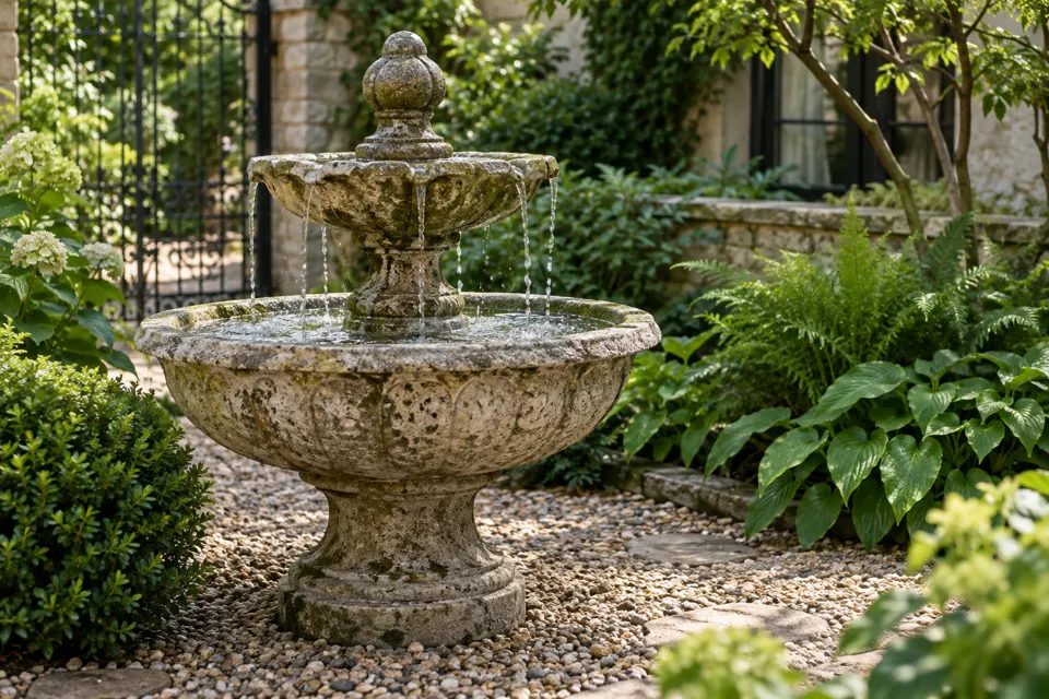 Decorative outdoor fountain set among garden planting