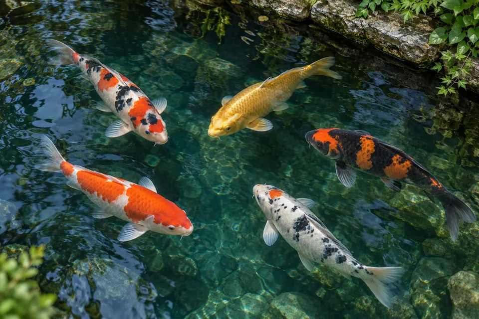 Orange and white koi swimming in clear pond water