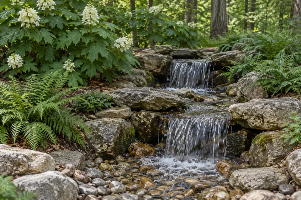 Rock waterfall flowing through a planted garden setting